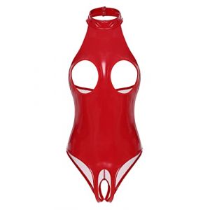 LiiYii Body Sein Ouvert Sexy Femme Lingerie Combinaison en Cuir Verni Bodysuit Creux Erotique Vetement Club Body Lingerie Coquine Ouverte Rouge M (LiiYii EU, neuf)