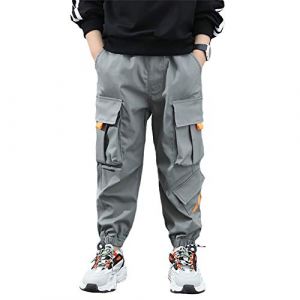 Rolanko Pantalon Cargo Gar&ccedil;on Jogging Enfant Slim Fit Camouflage Pantalons Ave Taille &Eacute;lastiqu&eacute;e, Gris&Orange, Taille du Tag: 150 (rolanko, neuf)