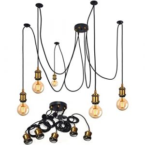 Suspension Vintage Style Industriel en m&eacute;tal,Laiton Antique E27 Suspension Luminaire Plafond Lampe Cordon Kit avec 2m Flex C&acirc;ble DIY Plafond Araign&eacute;e Lustre pour Cuisine Chambre Salon Bar (5 Lampe) (Zhang Yong Bin, neuf)