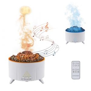 Mcbazel Diffuseur à Flamme Volcan avec Haut-Parleur Bluetooth, Humidificateur d'arômes à Flamme électrique 350ML Volcano Flame Mode Fonction Minuterie/Changement de Lumière/Télécommande - Blanc (TransChased, neuf)