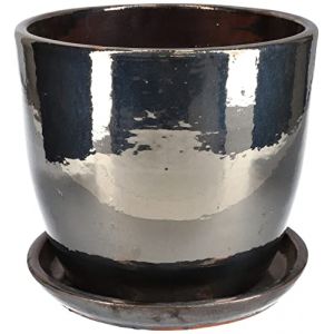 KOTARBAU® Pot de fleurs de jardin Ø 31 cm en céramique émaillée graphite avec bac d'égouttement (KOTARBAU, neuf)