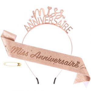 Écharpe Miss Anniversaire Or Rose Joyeux Anniversaire et Couronne Bandeau Miss Anniversaire Cœur Étoile Fille Happy Birthday Décoration Déguisement Costume Cadeau pour Fête Anniversaire Célébration (ShanDongYuRui, neuf)