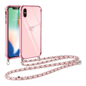 Vauki Coque pour iPhone XS/X avec Cordon de Collier, Galvanis&eacute; Etui Housse avec Motif Coeur d'amour, Antichoc Anti-Rayures Case avec Bandouli&egrave;re pour iPhone XS 5.8", Rose (HARMONIQUE WAY, neuf)