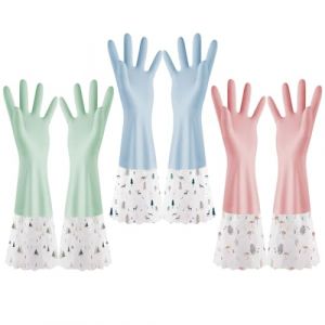 ACMEDE 3 Paire Gants M&eacute;nage avec doublure en flocage Longs Gants de vaisselle n PVC R&eacute;utilisables Gants De Nettoyage De Cuisine Pour laver la vaisselle Nettoyage du linge Taille S M L (Acme Co,., neuf)