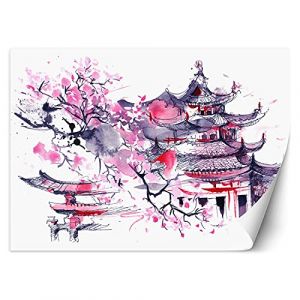 Feeby Photo Murale Intisse Aquarelle Japonaise 350x245 cm rose Déco Murale Tableaux Muraux À La Maison Chambre à Coucher, Salon, Chambre D'amis Fleur De Cerisier Pagode (Feeby, neuf)