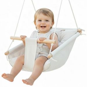 CaTeam - Hamac pour b&eacute;b&eacute; en Toile, Chaise Suspendue en Bois avec Ceinture de s&eacute;curit&eacute;, Chaise hamac Durable pour b&eacute;b&eacute;, balan&ccedil;oire ext&eacute;rieure et int&eacute;rieure pour Enfants, Ivoire (Lokwood, neuf)