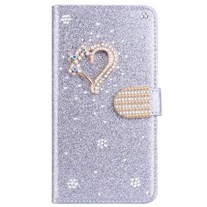 BLOTECH Coque en Cuir Glitter Etui Housse Little Love Design Luxe Bling Glitter Paillettes Diamant Hybrid PU Cuir Housse Etui Fermeture Magn&eacute;tique pour Carte pour Samsung Galaxy S23 - Argent&eacute; (Bolong, neuf)