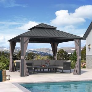 PURPLE LEAF Tonnelle de Jardin Exterieur Aluminium 3,65 x 3,65 m, Pergola Jardin Exterieur à Double Toit en Acier Galvanisé, Pavillon de Jardin avec Rideaux et Moustiquaire pour Fête, Barbecue, Gris (PURPLE LEAF, neuf)
