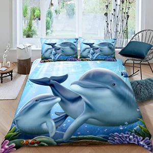 Housse de Couette 220x240 Dauphin Parure de Lit 2 Personnes Adulte Impression 3D Motif La Vie Marine Ultra Doux Microfibre Literie avec Fermeture Éclair et 2 Taies d'oreiller 50x75 (zhang yingAA, neuf)