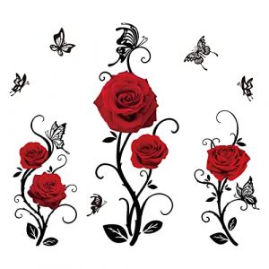 SUPERDANT Rose Rouge Stickers Muraux Fleurs Amovibles Papillon Sticker Mural Maison Décoration Murale Décoration Murale DIY Art Mural pour Chambre Canapé Toile de Fond TV Décoration Murale 2 Feuilles (SUPERDANT EU, neuf)