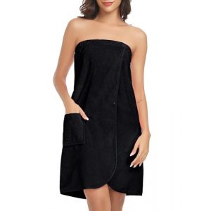 Lovasy Robe Serviette de Bain Femme Peignoir Enveloppant Grande Serviette de Spa avec Boutons R&eacute;glables Par&eacute;o de Bain Douce L&eacute;ger Kilt de Sauna avec Poche,A-Noir,XL/XXL (Lovasy Direct, neuf)