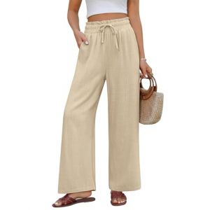 PASUDA Pantalon Femme &Eacute;t&eacute; Lin Pantalons D&eacute;contract&eacute;s Pantalon Taille Haute Elastique Pantalon en Coton Chanvre L&eacute;ger Large Pantalon Fluide Ample avec Poches (Kaki, S) (Amutoo, neuf)