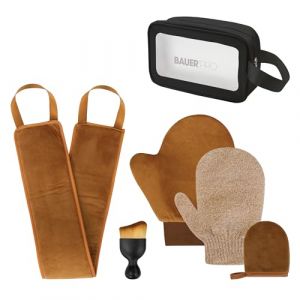 Bauer 39509 Lot de 6 accessoires autobronzants gants exfoliants en velours, applicateur pour le dos, brosse de bronzage et sac de rangement, r&eacute;utilisables, sans traces, ultra doux pour le visage et le (The Benross Group, neuf)