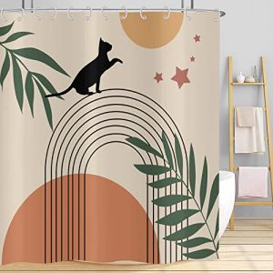 Hnmdmyi Rideau de Douche Boho 180x180 - Mid Century Abstract Noir Chat Vert Feuille Arc Soleil Lune Beige - Moderne Minimaliste Géométrique Esthétique Art pour Baignoire avec Crochets (Hnmdmyi, neuf)