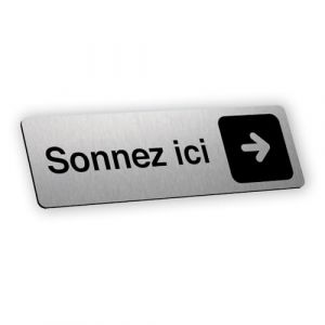 Plaque signalétique gravée autocollante Sonnez ici flèche droite - alu brossé - format 12x3,7 cm (my-goodprice, neuf)