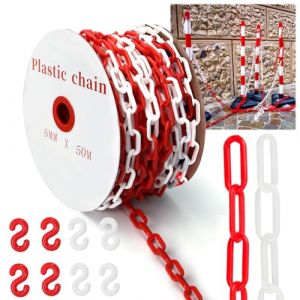 Cha&icirc;ne de d&eacute;limitation en plastique rouge et blanc de 50 m, 6 mm, cha&icirc;ne de signalisation en plastique, avec 8 mousquetons, pour barri&egrave;res dans les all&eacute;es, les lieux de travail et les garages (BOFD-EU, neuf)