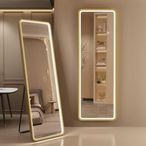 S'bagno Miroir sur Pied avec éclairage 160x50 cm, Cadre en Aluminium, Grand Miroir LED Réglable & 3000-6500K & Fonction Mémoire, Verre Renforcé, Miroirs en Pied pour Vestiaire et Chambre à Coucher, Or (Illuminated mirror, neuf)