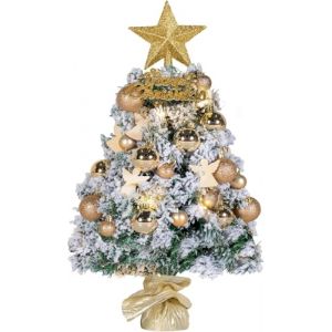 NALONE Mini Sapin de No&euml;l avec &eacute;clairage LED - Table et minuterie - 61 cm - Floqu&eacute; - Petit Sapin de No&euml;l avec 27 Ornements - 90 Pointes de Branches - Rouge (La Couleur d'or) (CHUSHENGEU, neuf)