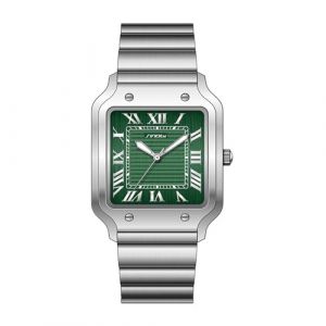 MASTOP Montre rectangulaire en acier inoxydable pour femme - &Eacute;tanche - Cristal - Analogique - Chiffres romains, Argent&eacute;/vert, Affaires d&eacute;contract&eacute;es (Carrie Montre Fran&ccedil;ais, neuf)