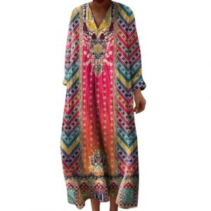 Robe Ete Femme Mi Longue Fluide Coton Chemise Robes Manches Longues Ample Casuel A-Line Imprim&eacute; Fleur Robes Col V Ronde Boh&egrave;me Robe De Soiree Femme Vintage Dress pour F&ecirc;te Travail (Anglekie, neuf)