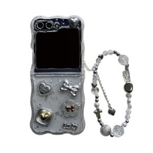 SCJLSDA Coque pour Samsung Galaxy Z Flip 5, motif 3D en forme de c&oelig;ur, n&oelig;ud papillon, coque de protection l&eacute;g&egrave;re de luxe transparente brillante en feuille d'aluminium, avec bracelet en strass (jialishangdauk, neuf)