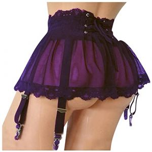 Mini Jupe Courte Sexy pute Transparent,Mini Jupe Porte-Jarretelles Sexy avec Culotte, Porte-Jarretelles Lingerie Mini Robe Transparente Malla avec 4 Clips, 2 Pi&egrave;ces Mini Jupe Taille Haute (Purple, M) (XNme SW, neuf)