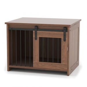 GYMAX Cage pour Chien en Bois, Niche Int&eacute;rieur avec Porte Coulissante, Large Plateau Sup&eacute;rieur, Meuble Abri pour Petits et Moyens Animaux Jusqu'&agrave; 30 kg, 80 x 60 x 60 cm (Marron) (GYMAX EU, neuf)