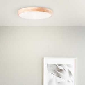 Lightbox Basic LED mur & plafond | Ø 50 cm | cadre en bois d'hévéa & CCT (3000-6500 K) & minuterie & veilleuse | dimmable par télécommande | 3800 lm | en métal/bois/plastique en blanc/marron (Lightbox-Shop, neuf)