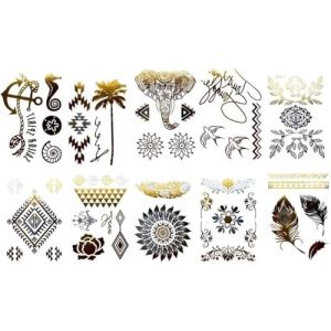 Lot de 10 feuilles de tatouages temporaires en forme de plume dorée pour tatouage, tatouage, tatouage, argent (Beyond Perfection, neuf)