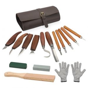 Lot de 16 outils de sculpture sur bois - Modèle professionnel - Avec 11 couteaux de sculpture, sac en cuir, pierre à aiguiser et accessoires de sécurité (gants de protection contre les coupures + (wzahqajw, neuf)