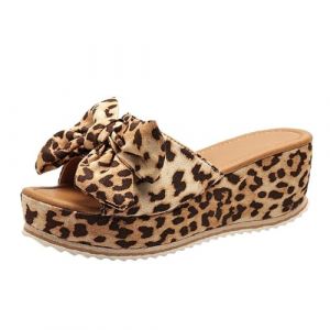 2024 Nouvelles Sandales Avec N&oelig;uds Chaussons Femme R&eacute;tro &Agrave; Talon Compens&eacute; Pantoufles D'&eacute;t&eacute; &Agrave; Bout Ouvert Slippers &Agrave; Plateforme for L'ext&eacute;rieur Chaussures De Plage De Loisirs ( Color : Leopard , Size : (shaoqingg, neuf)