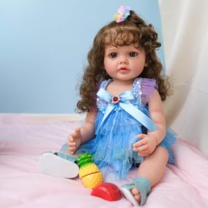 MineeQu 22 Pouces Doux b&eacute;b&eacute; c&acirc;lin Cheveux enracin&eacute;s Reborn Poup&eacute;es Silicone Vinyle Corps Complet R&eacute;aliste Nouveau-n&eacute; Tout-Petit Fille Dolls Coffret Cadeau d'anniversaire de No&euml;l pour Enfants (Mario1477, neuf)