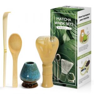 4 Pièces Matcha kit ceremonie japonais, Jaune Fouet en Résine Chasen, Cuillère en bambou, pelle en bambou, Porte-Fouet, Coffret matcha pour la cérémonie du thé, la boisson - Bleu rêveux (HUAN Shop, neuf)