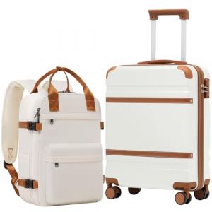 COOLIFE Valise cabine 55 x 40 x 20 cm pour avion, Set 2 pièces, Blanc/Marron, Serrure TSA, 4 roulettes jumelées, Sac à dos de voyage 20L inclus (Coolife EU Directly, neuf)