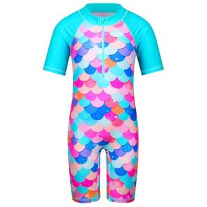 HUAANIUE Filles Maillot de Bain 1 Pièce 2-12 Ans, Anti-UV UPF 50+ Manches Courtes, Fermeture Éclair Frontale, Imprimés Colorés, Idéal pour Plage et Piscine (S459-Écailles Cyan, 6-8 Ans) (HUANQIU EUR STORE, neuf)