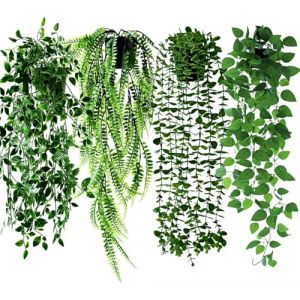 Roqueen 4 Pièces Plante Artificielle Tombante pour l'étagère, Plantes Artificielles Suspendues en Pot Vigne d'eucalyptus, Mandala Vine, Fougère de Boston, Pothos pour Accueil Chambre Mur Etagère (Chenyantek, neuf)