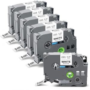 Exsun 6x Tz221 Tzc221 TZe-221 TZe221 Compatible pour Brother P-touch Ruban Recharge Tze 9mm 0.35 Ruban Compatible avec Etiqueteuse Brother Ptouch 1000 1005 H100R E110 H105 H100LB, Noir sur Blanc (Exsun-EU, neuf)