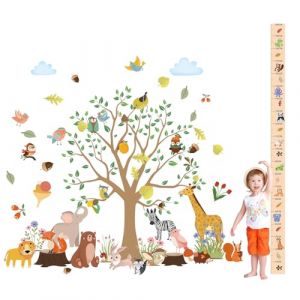 Stickers Muraux Animaux de la Jungle Arbre Branche Autocollant avec Toise Murale Enfant, Stickers Muraux Enfants de la Motif éléphant, Girafe, Lion, Décoration Murale Chambre Enfants Bébé Pépinière (SUPRBIRD, neuf)