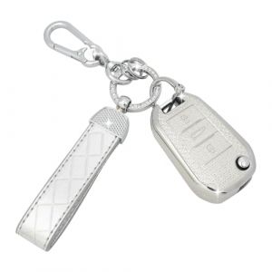 SparkleJoy Coque Cl&eacute; Voiture TPU avec un Porte-Cl&eacute;s en Cuir,Etui Cl&eacute; &Eacute;tui Cl&eacute; Compatible avec Peugeot 208 308 508 2008 3008 Rifter Citroen C3 C4 Cactus Berlingo Picasso Xsara Jumpy - Flip Key(Argent) (AutoVeloce Europe, neuf)