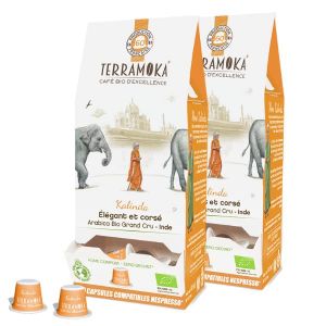 TERRAMOKA 120 Capsules Café Bio d’excellence 100% Pur Arabica d’Inde de Bourbon - Compatible avec les machines à Capsules Nespresso - Faible en acidité et corsé- Zéro Déchet - Torréfié en France (Moka - Meilleures Origines Kafé Arabica, neuf)