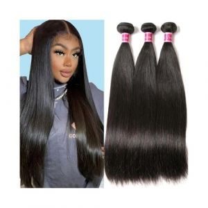 Tissage Naturel Cheveux Extensions de cheveux humains br&eacute;siliens raides, lot de 1/3, double trame, tissage lisse noir naturel, cheveux Remy Hair Extension(28inches) (huasanzigui, neuf)