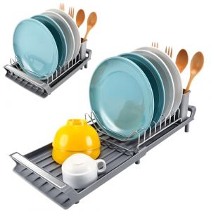 Litimkat Égouttoir Vaisselle, Égouttoir Vaisselle Compact Extensible avec Égouttoir à Couverts en Acier Inoxydable, Bac d'égouttage / 28-47 cm (Gris) (QYLIN Store, neuf)