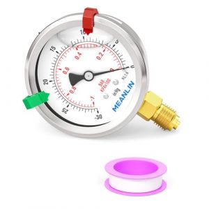MEANLIN MEASURE -1~0Bar/-30~0inHg Manom&egrave;tre &agrave; vide 1/4" BSP 2.5" cadran frontal, manom&egrave;tre &agrave; liquide en acier inoxydable &agrave; montage inf&eacute;rieur WOG eau huile air (avec 2 boutons-pression) (MEANLIN, neuf)