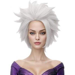 morvally Perruque de costume de sorci&egrave;re sous-marine pour femme, perruque courte gris argent&eacute; pour cosplay, perruque d'anime, cheveux synth&eacute;tiques superpos&eacute;s, perruques d'Halloween pour adultes (M'orvally, neuf)
