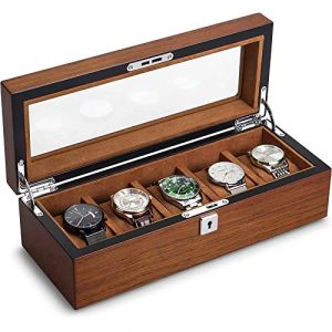 RoYiio Bo&icirc;te &agrave; Montres en Bois &agrave; 5 Grille avec Couvercle en Verre, Bo&icirc;te &agrave; Montres avec 5 Supports de Montre Amovibles, Organisateur de Rangement pour Montre Cadeau pour Homme Fille (RuYiic_Lemoi, neuf)