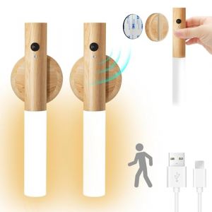 HELLYMOON Applique murale en bois avec détecteur de mouvement Rechargeable par USB Blanc chaud Sans fil Avec interrupteur Pour chambre à coucher, couloir,cage d'escalier (2pcs Pack) (JunJGo, neuf)