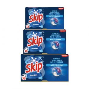 Skip Lessive liquide en capsules Active Clean 3 en 1-114lavages - résultat impeccable et fraîcheur longue durée - sans emballage plastique (lot de 3x38) (Seyko, neuf)
