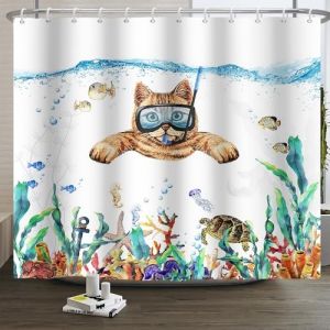 Xiaoterna Rideau de Douche Océan Bulle Rideau de Douche Vie Marine mer Profonde Rideau de Douche Chat Plongeur Poisson Rideau de Douche Tortue Tissu imperméable et Lavable en Machine 240x180cm (Xiaoterna Store, neuf)