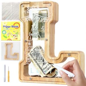 Lakpopya Tirelire en Bois pour Enfant Tirelire Cochon Personnalisée de Lettres A à Z Tirelire Billet Transparente Créative pour Cadeau Décoration Baptême pour Fille Garcon (L) (Never fail, neuf)