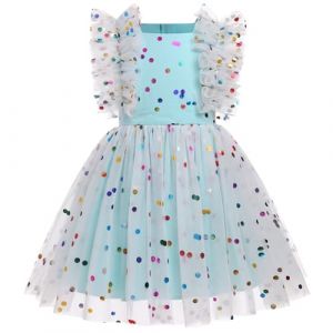 FYMNSI Robe de princesse pour fille - Robe de fête de mariage - Robe d'été - Robe de fille - Robe en tulle à volants - Robe d'anniversaire, Bleu à pois, 3-4 ans (FYMNSI store, neuf)